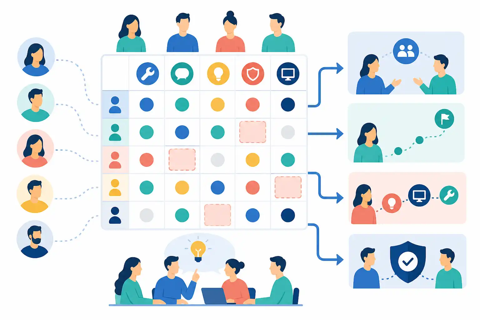 Infografik zu Skills-Matrix im Team erstellen: Workshop für Kompetenzlücken, Vertretung und Entwicklung (KI-generiert)